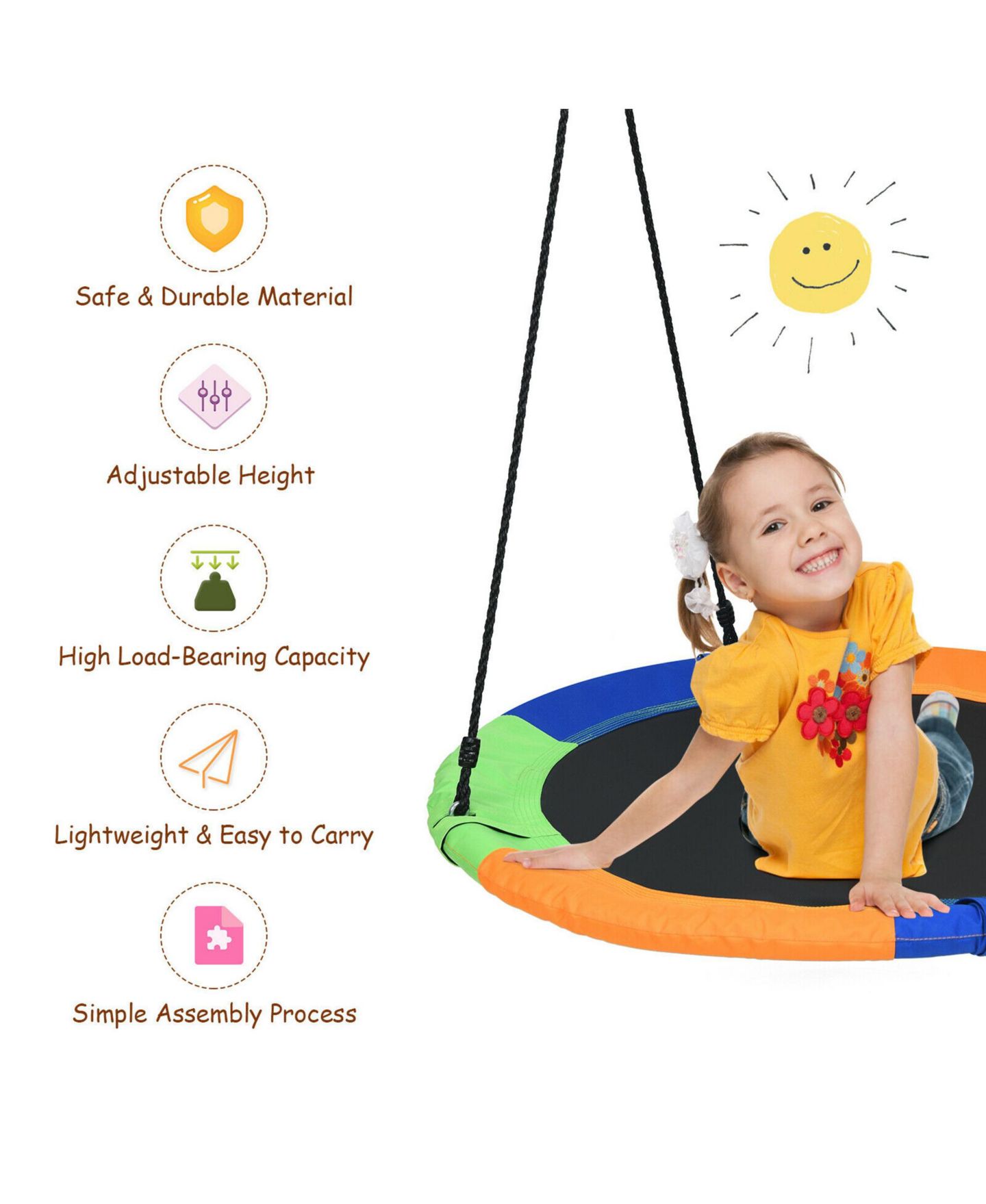 Детская игрушка Gymax 40'' Flying Saucer Tree Swing with Adjustable Height, 330 lbs, Ages 3+, цвет: Colorful — фото 5