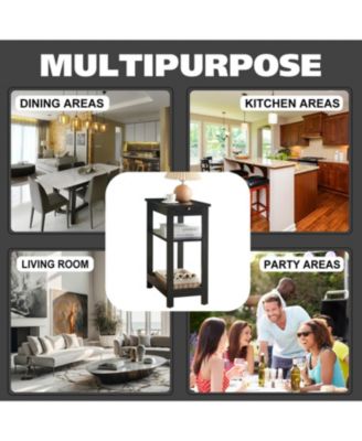 Slim Wood Side End Table with Storage Shelves & Pull-Out Tray, Nightstand for Bedroom, Living Room