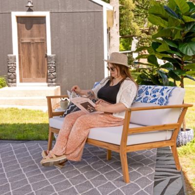 Bodie Acacia Wood Outdoor Patio Loveseat with Bone White Cushions - 62" W