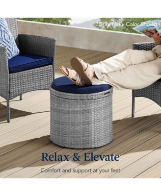 Round Wicker Ottoman, Multipurpose Furniture w/ Removable Cushion, Steel Frame