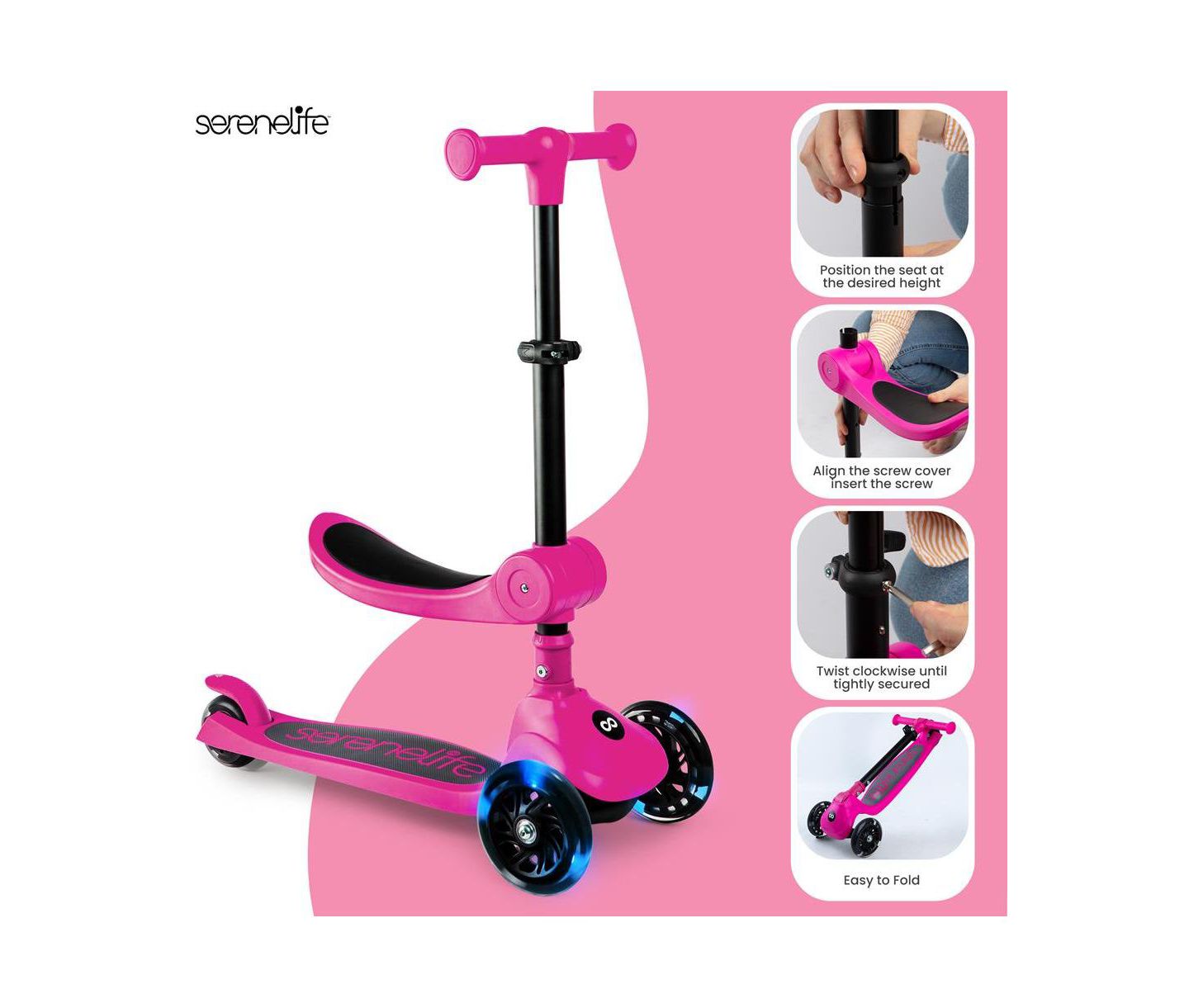 Детская игрушка SereneLife 3-Wheel Foldable Kids Scooter with Built-in LED Wheel Lights & Foldable Seat, 110 lbs. Capacity, Ages 3+, цвет: Розовый — фото 6