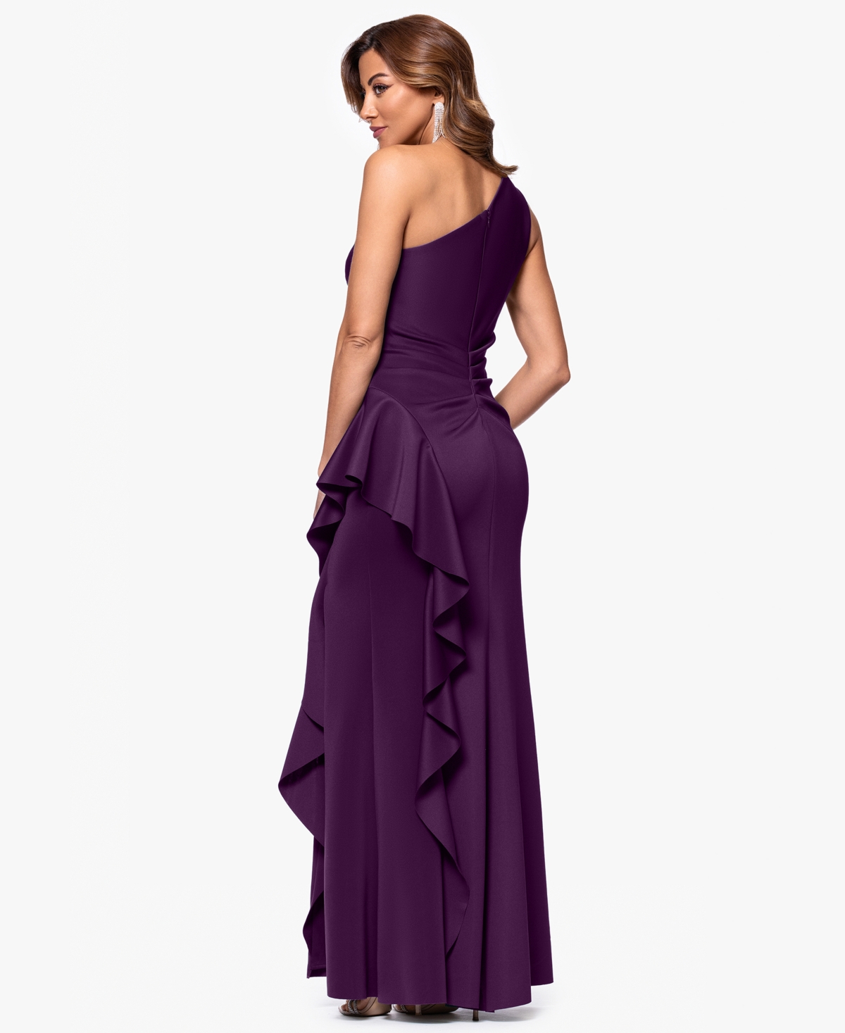 Xscape Petite Gathered-waist One-shoulder Evening Gown In Purple
