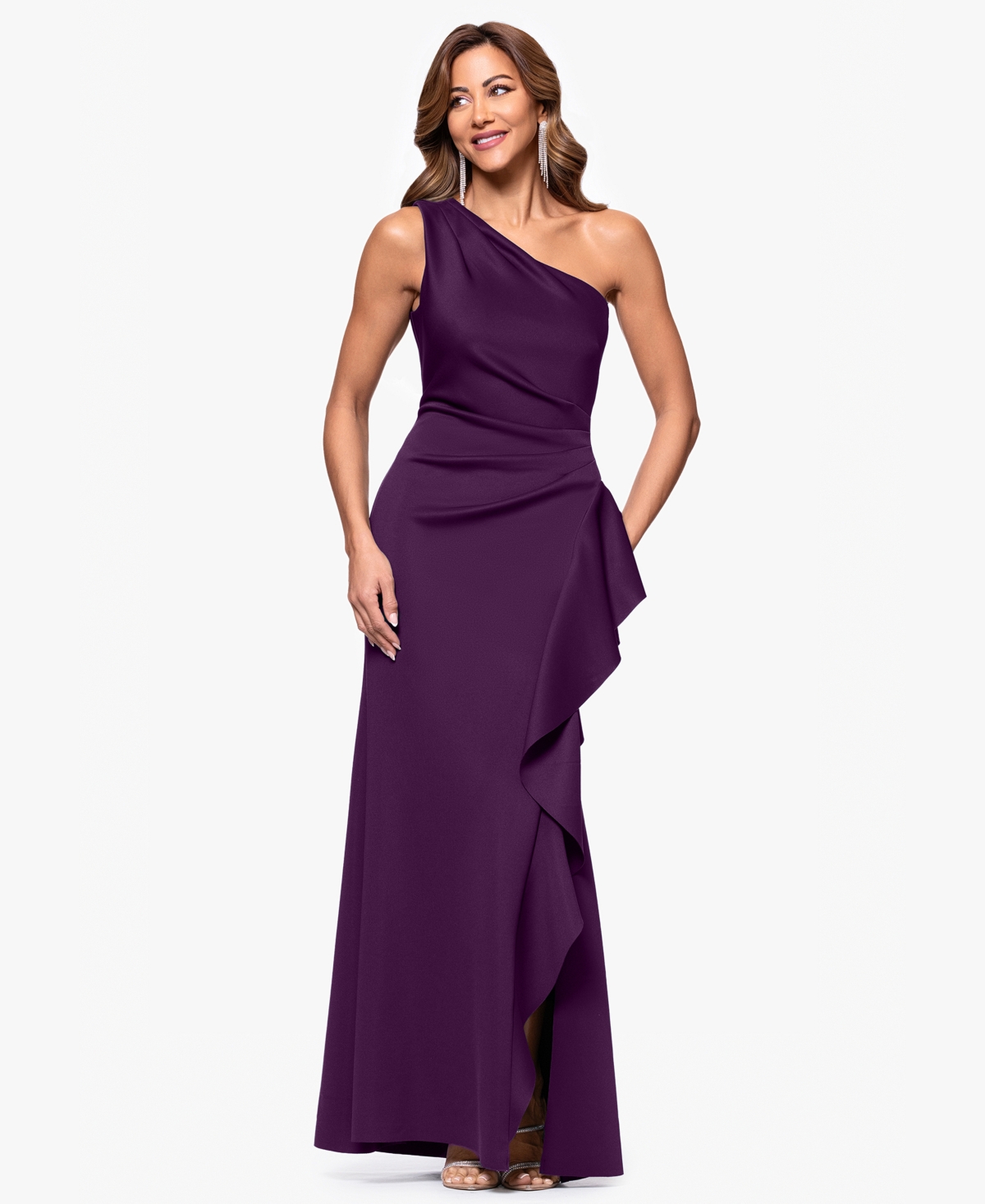 Xscape Petite Gathered-waist One-shoulder Evening Gown In Purple