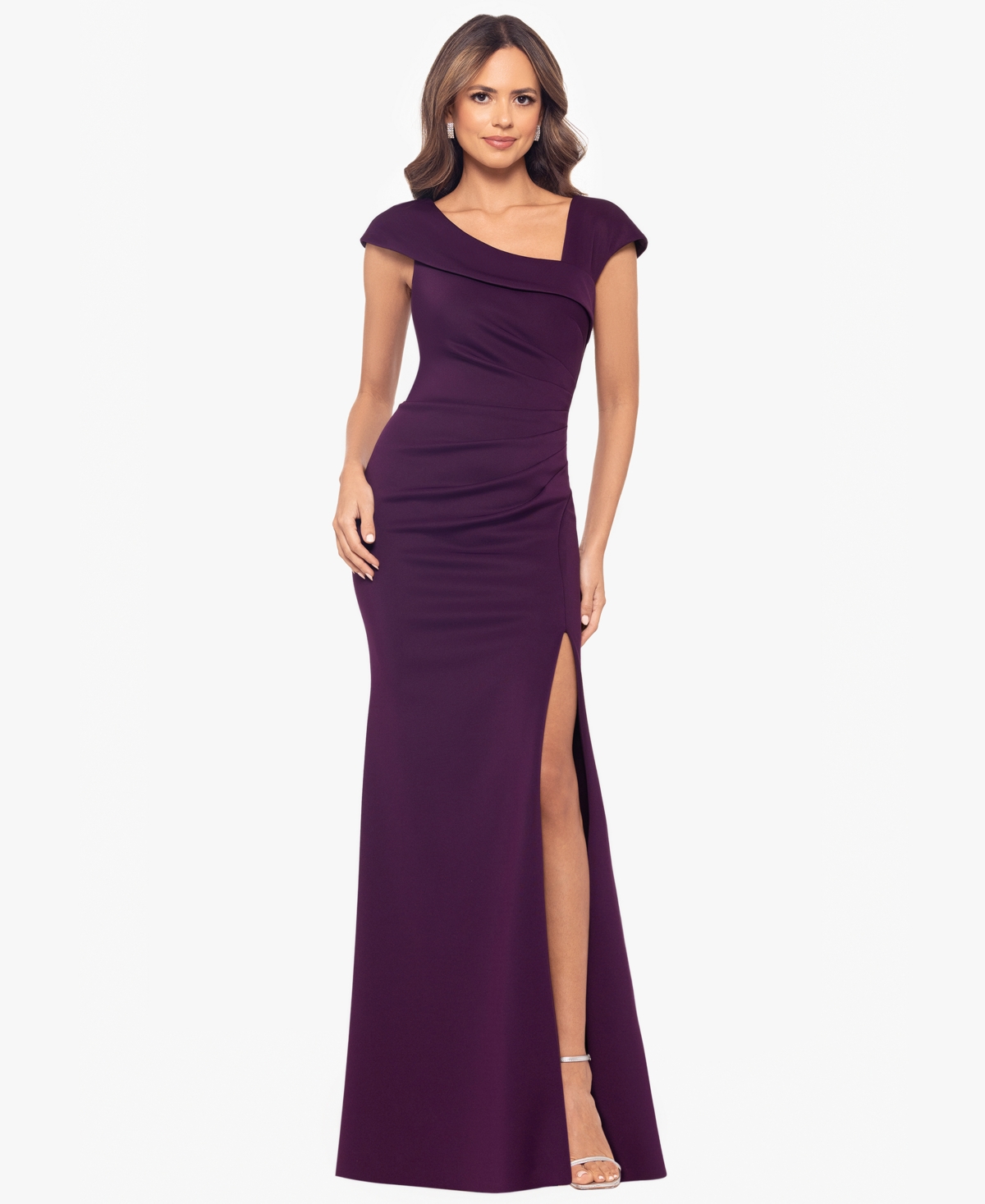Xscape Petite Asymmetric Front Slit Evening Gown In Purple