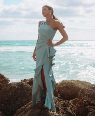 Petite Gathered-Waist One-Shoulder Evening Gown