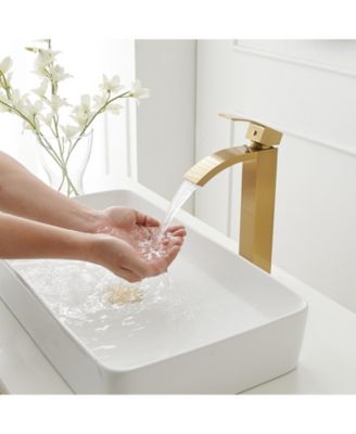 Waterfall Single Hole Single Handle Bathroom Vessel Sink Faucet With Pop Up Drain Without Overflow In Matte Black & Gold