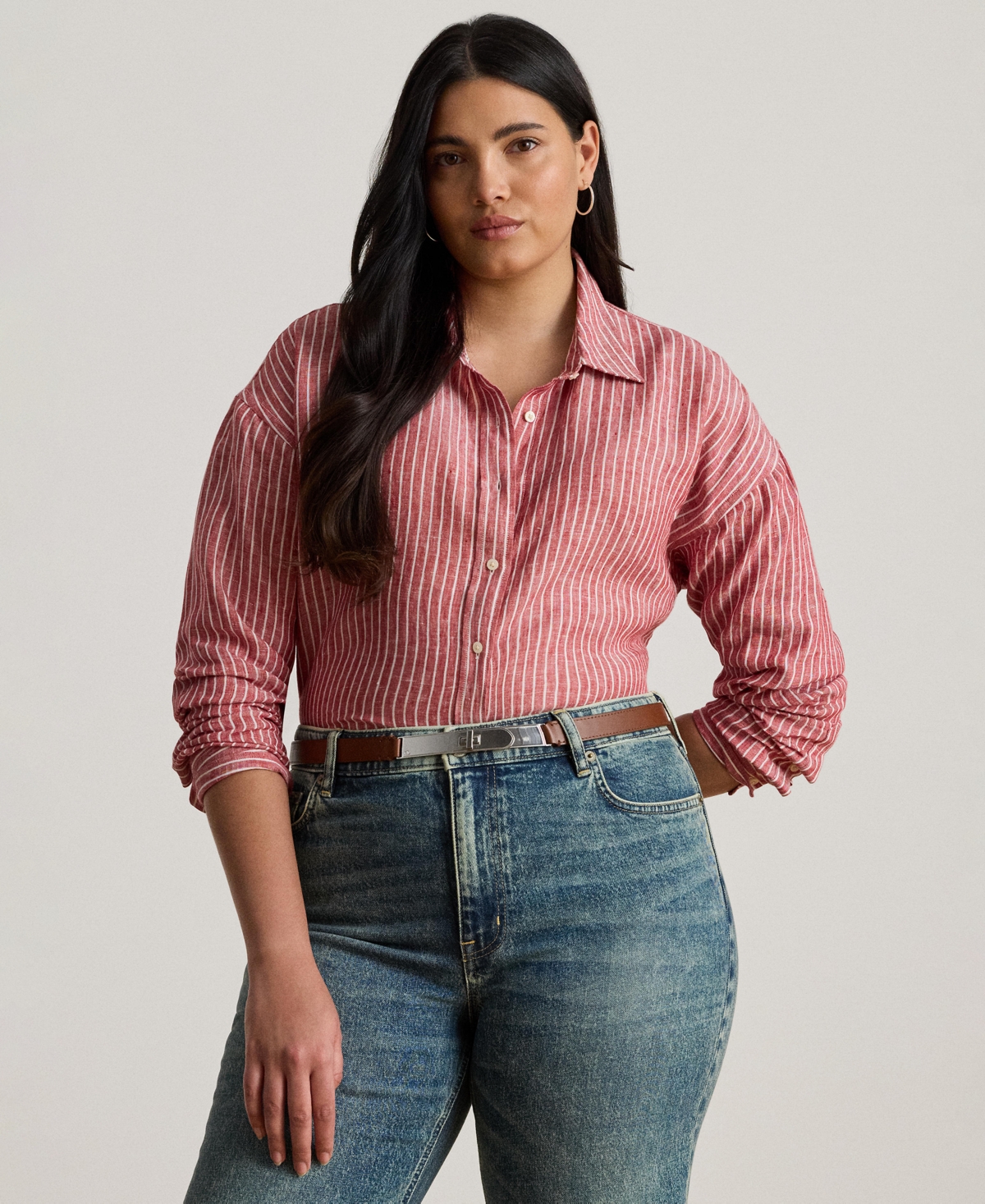 Plus Size Striped Linen Shirt - Light Red/White