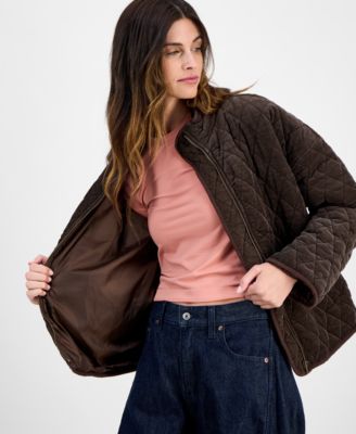 Juniors' Quilted Corduroy Zip-Front Coat