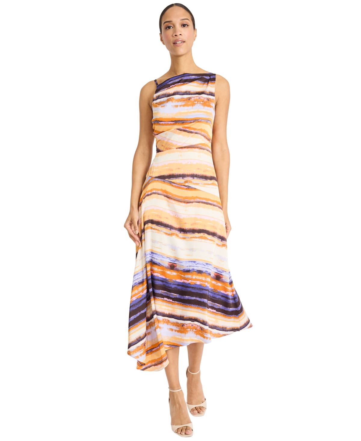 Women's Satin Georgette Striped Asymmetrical Dress - Ivory/orange