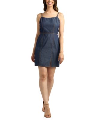 BCX - Juniors' Washed Denim Front-Slit Mini Dress