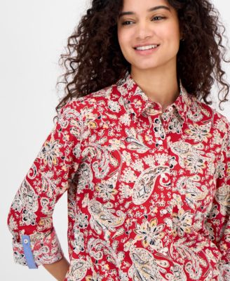 Women's Cotton Paisley-Print Roll-Tab Shirt