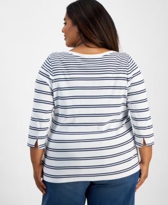 Plus Size Printed Pima Cotton 3/4-Sleeve Top, Exclusively at Macy's