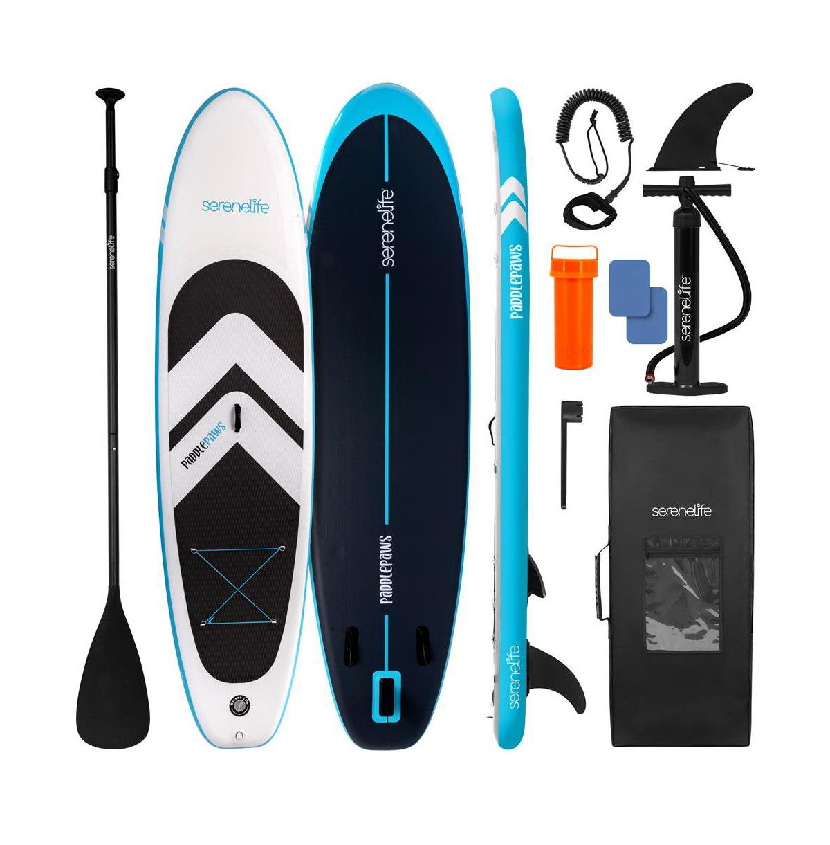 Free-Flow Welded Inflatable Stand-Up Paddle-Board with Double-Action Hand Pump, 3-Shaft Aluminum Paddle, Leash, Fin, Repair Kit and Backpack (Black) -