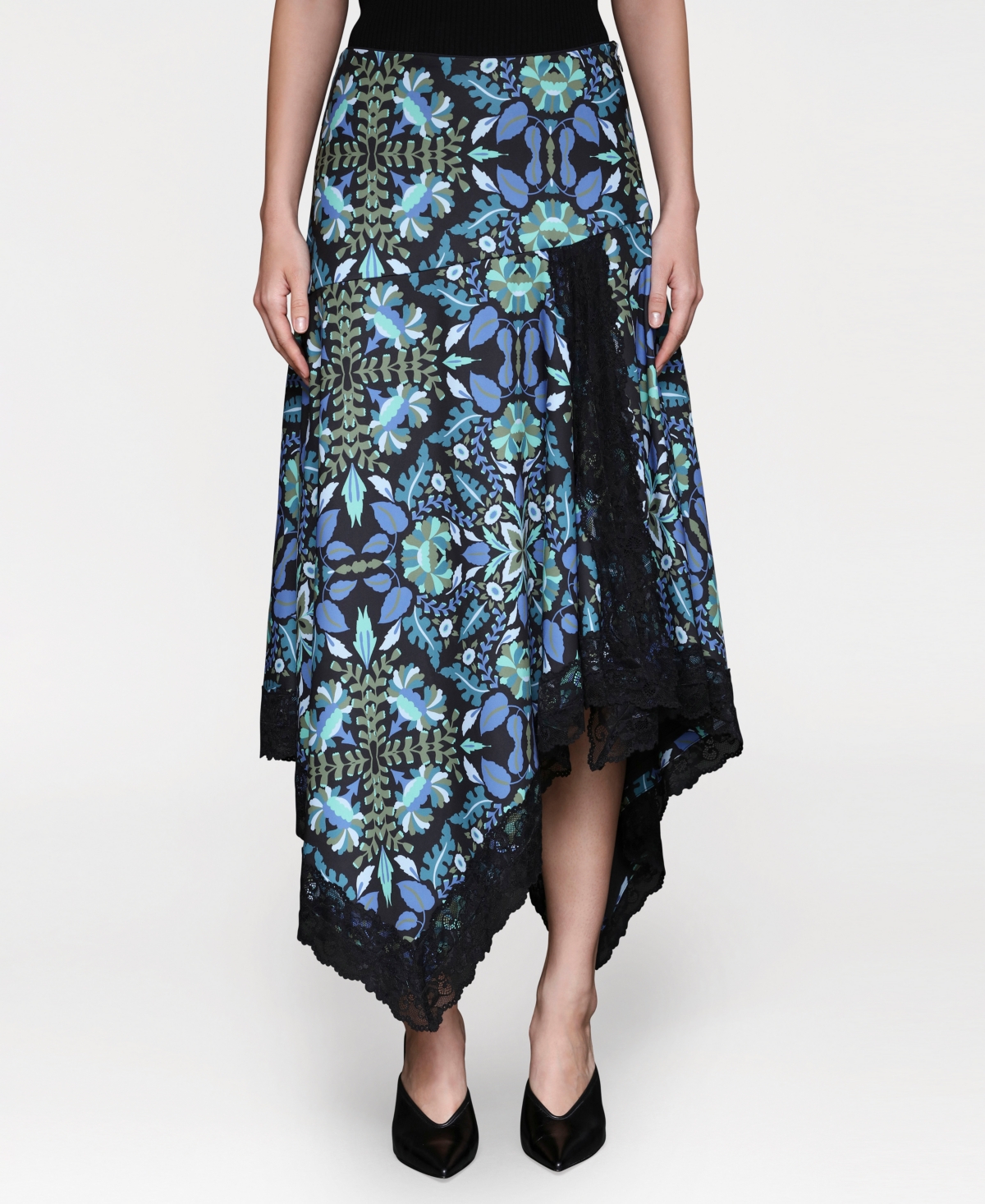 Women's Lace Trim Handkerchief Hem Skirt - Dark Alpine Tapestry Tile