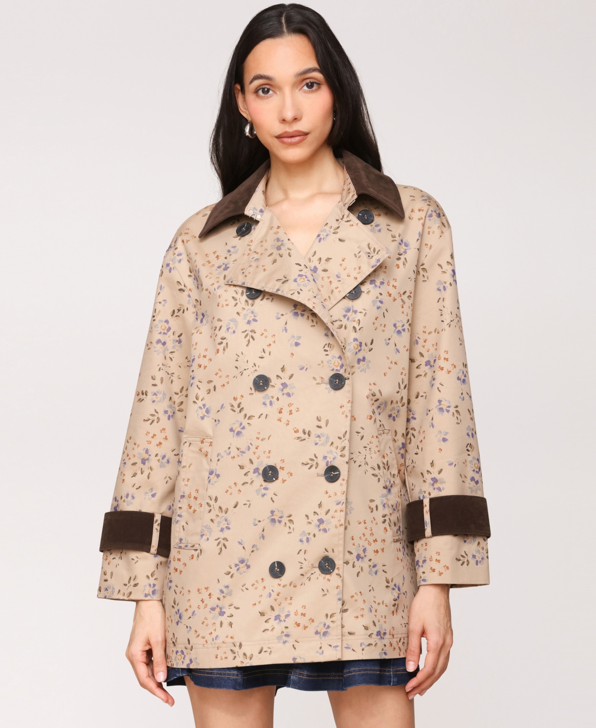 Women's Asymmetrical-Double-Breasted Oversized Trench Jacket - Tan Autumn Ditsy