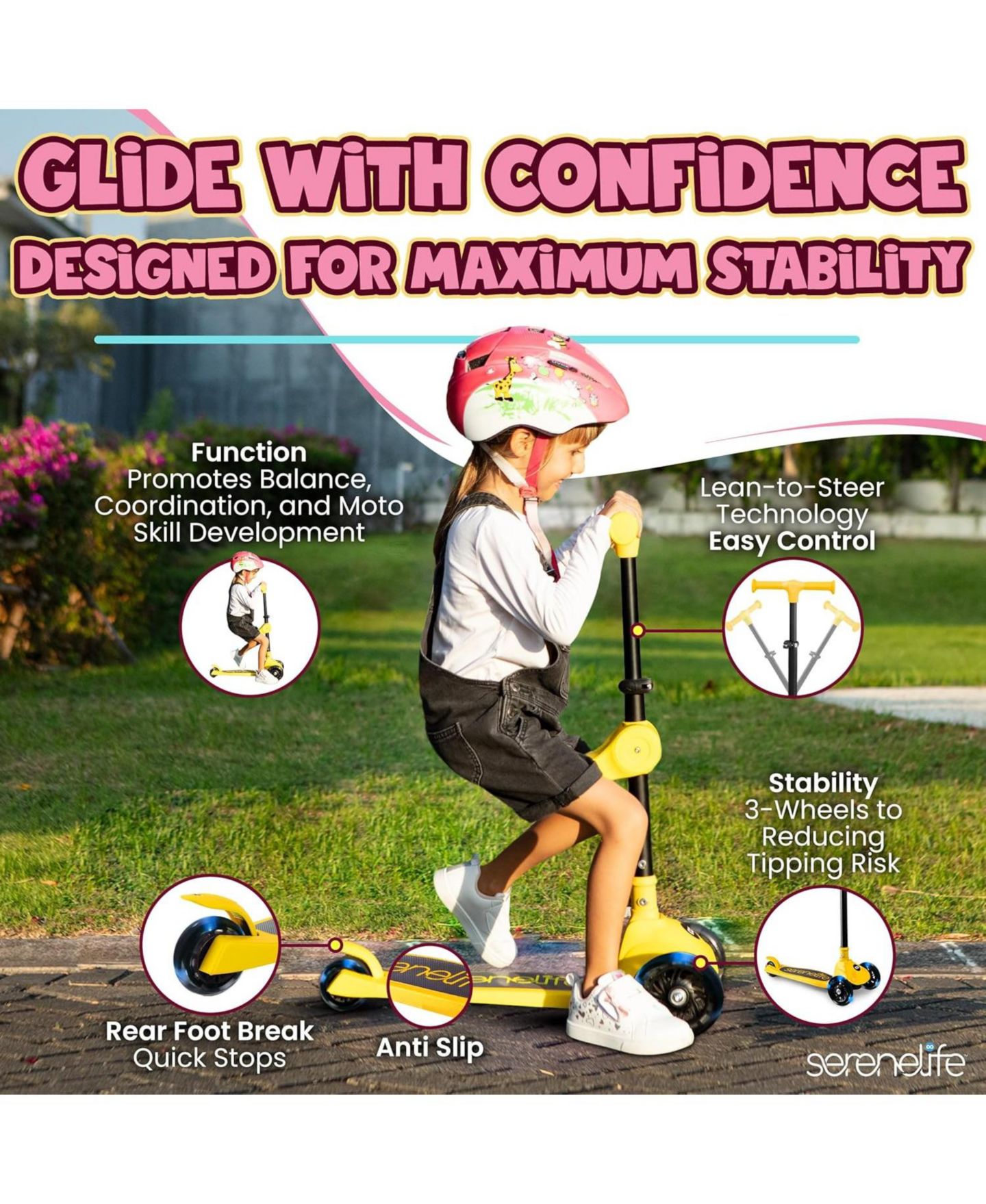 Детская игрушка SereneLife 3-Wheel Foldable Kids Scooter with Built-in LED Wheel Lights and Foldable Seat, 110 lb Weight Capacity, Ages 2+, цвет: Жёлтый — фото 5