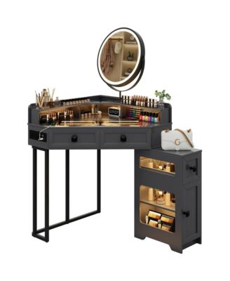 Farmhouse-style dressing table with mirror and lights, featuring a glass top.