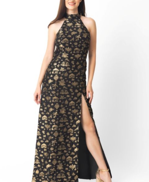 Женское платье RAAS Black and Gold Long with Slit, цвет: Чёрный