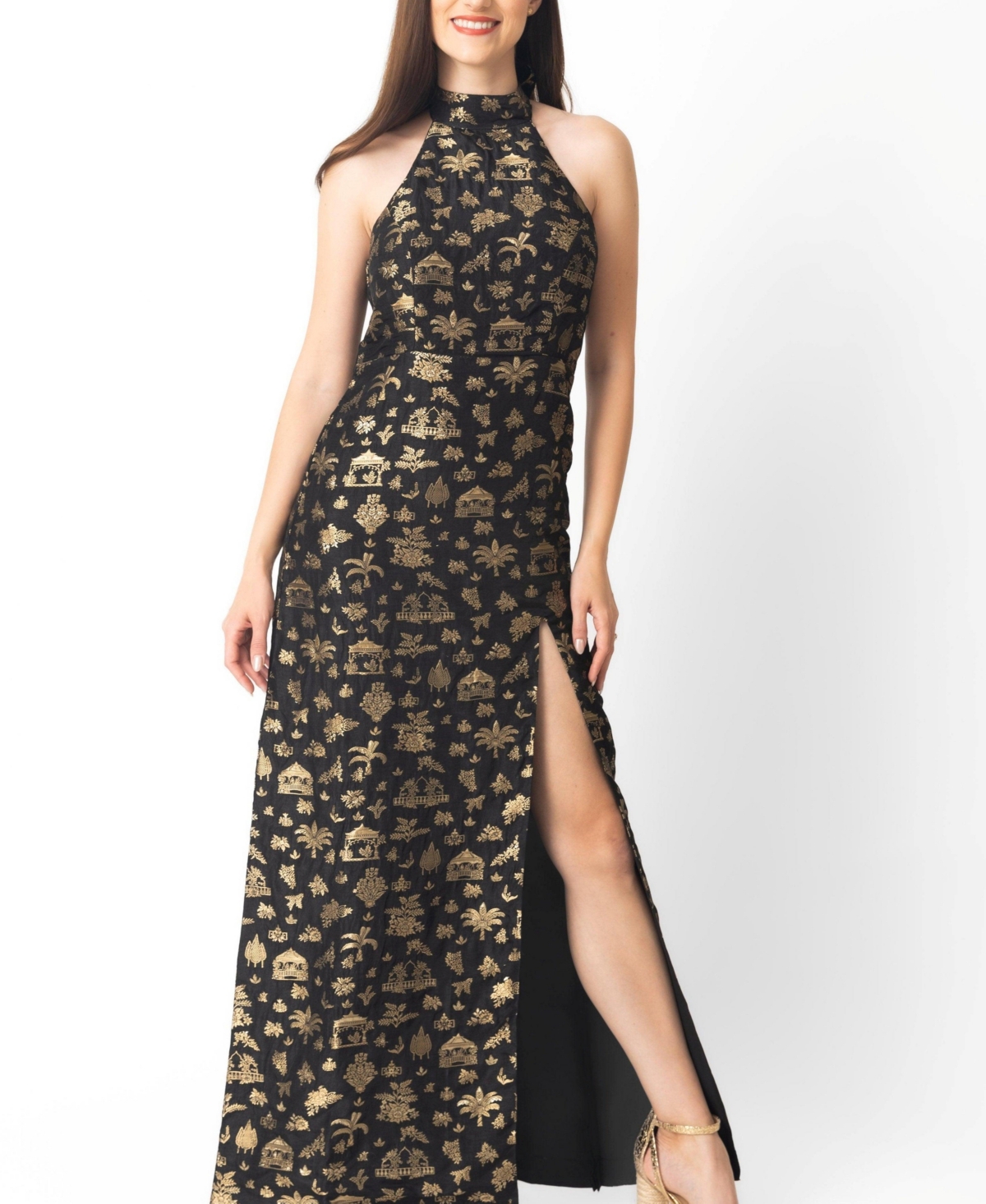 Women's Black and Gold Long Dress with Slit - Black