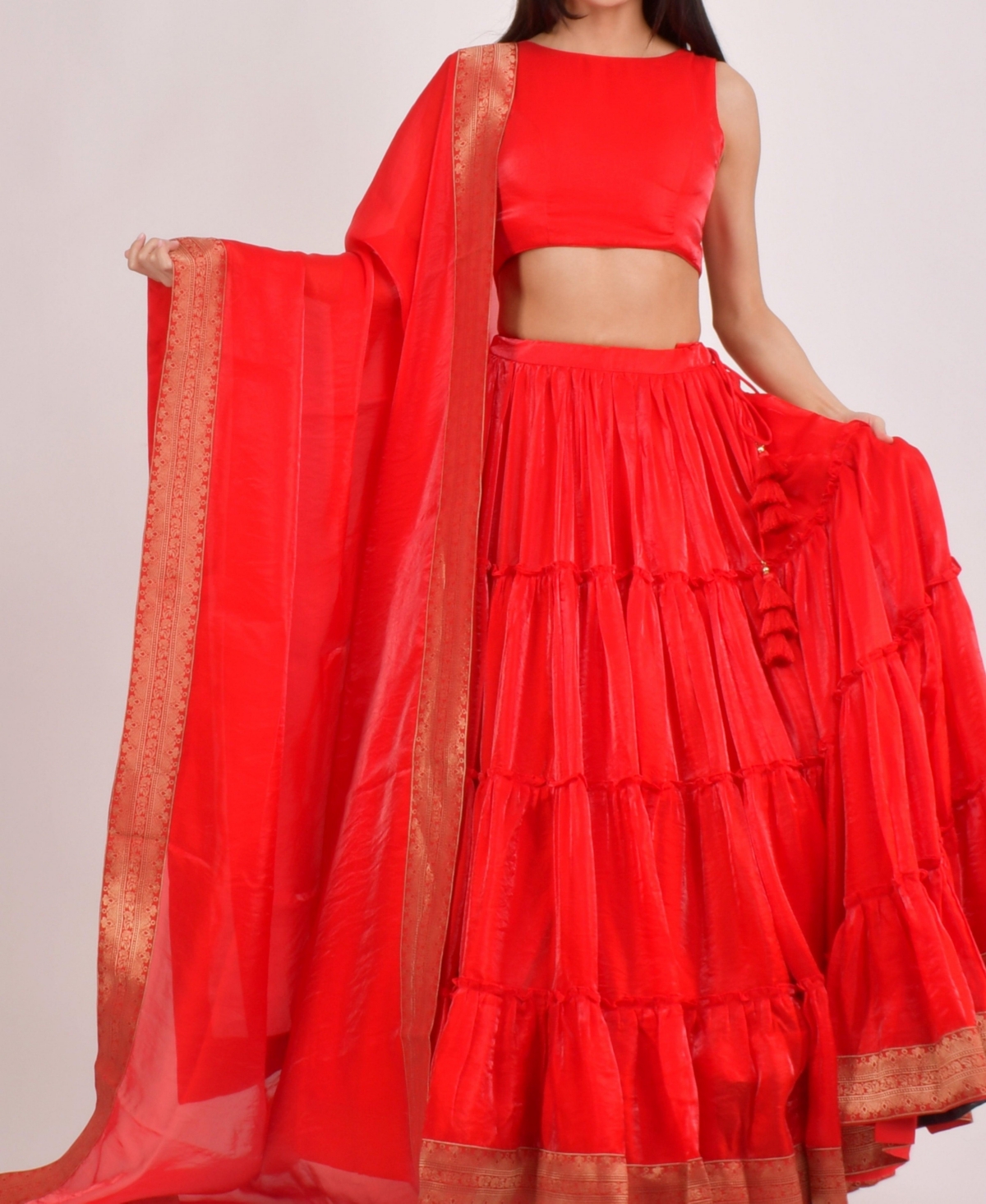 Women's Tiered Shimmer Lehenga Choli - Red