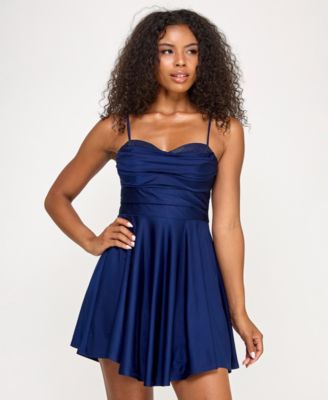 Juniors' Satin Sweetheart Rhinestone Trim Neckline Fit & Flare Dress