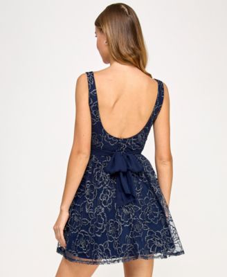 Juniors' Embroidered Mesh Fit & Flare Dress