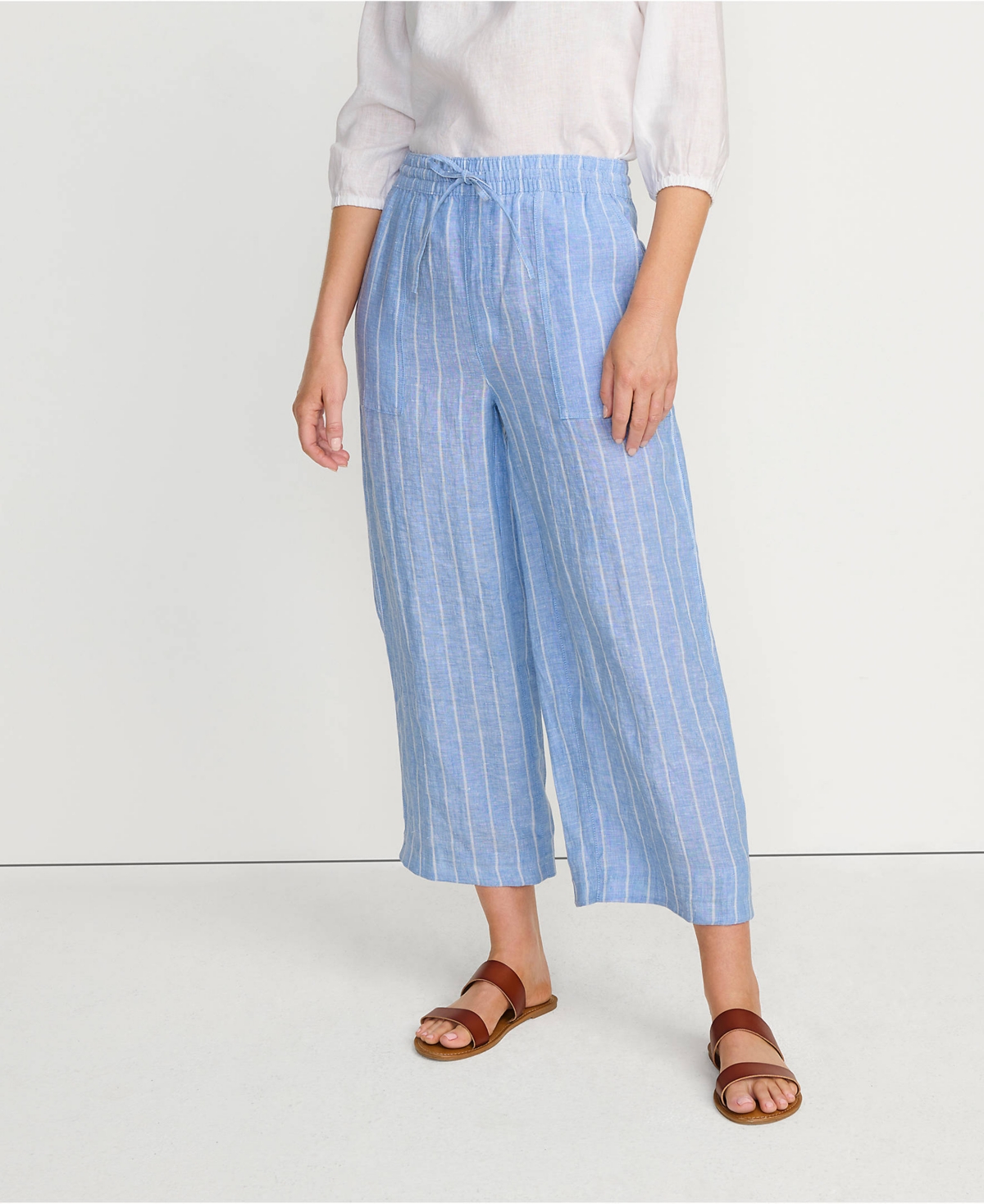 Women's High Rise Drawstring Linen Wide Leg Crop Pants - White/magenta plumeria
