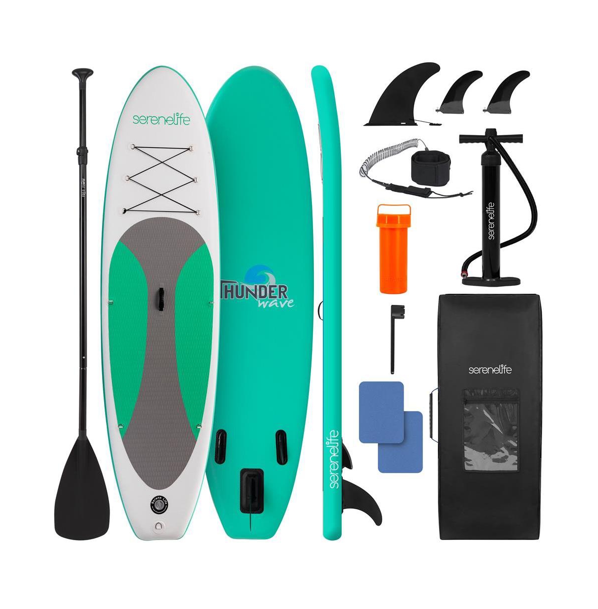 Free-Flow Welded Inflatable Stand-Up Paddle-Board with Double-Action Hand Pump, 3-Shaft Aluminum Paddle, Leash, Fin (Black) - Green