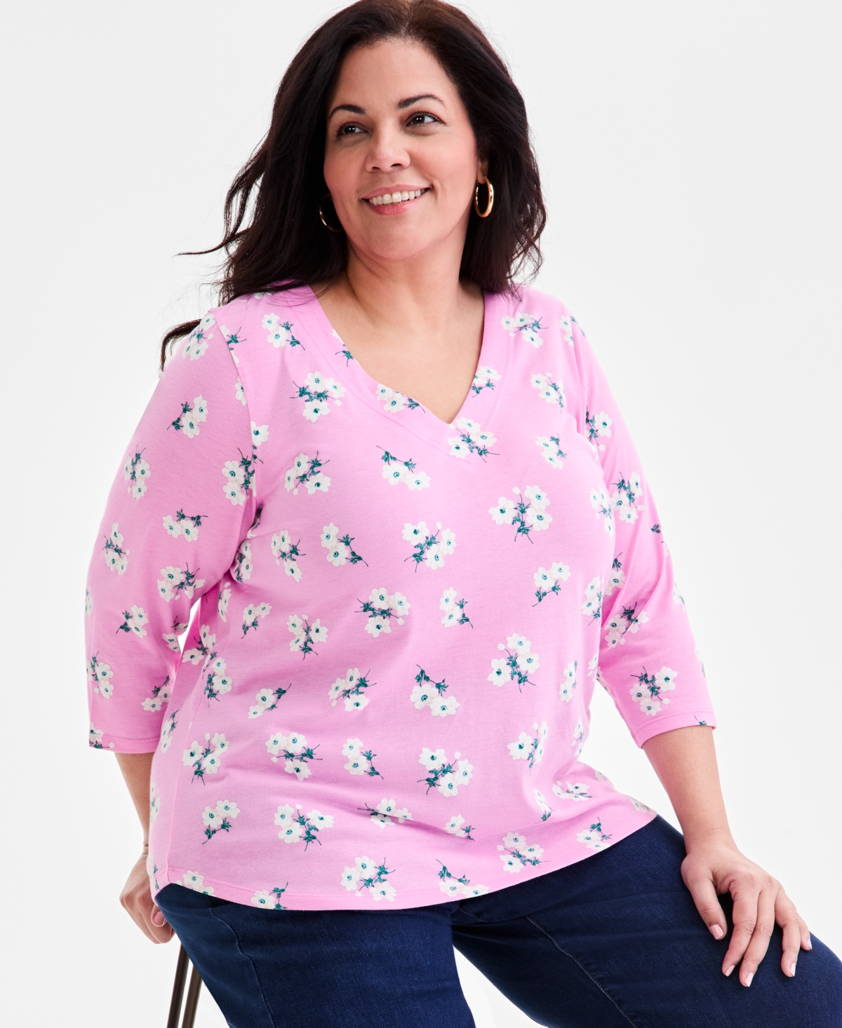 Style & Co Plus Size Printed V-neck 3/4-sleeve Top, Macy's Exclusive