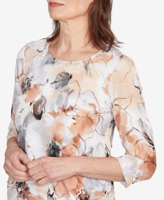 Women's Watercolor Floral Gathered Sides Crew Neck Top