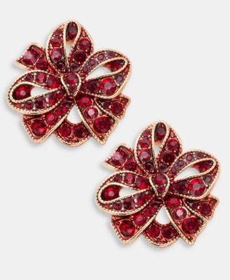 Holiday Lane - Gold-Tone Red Bow Button Earrings