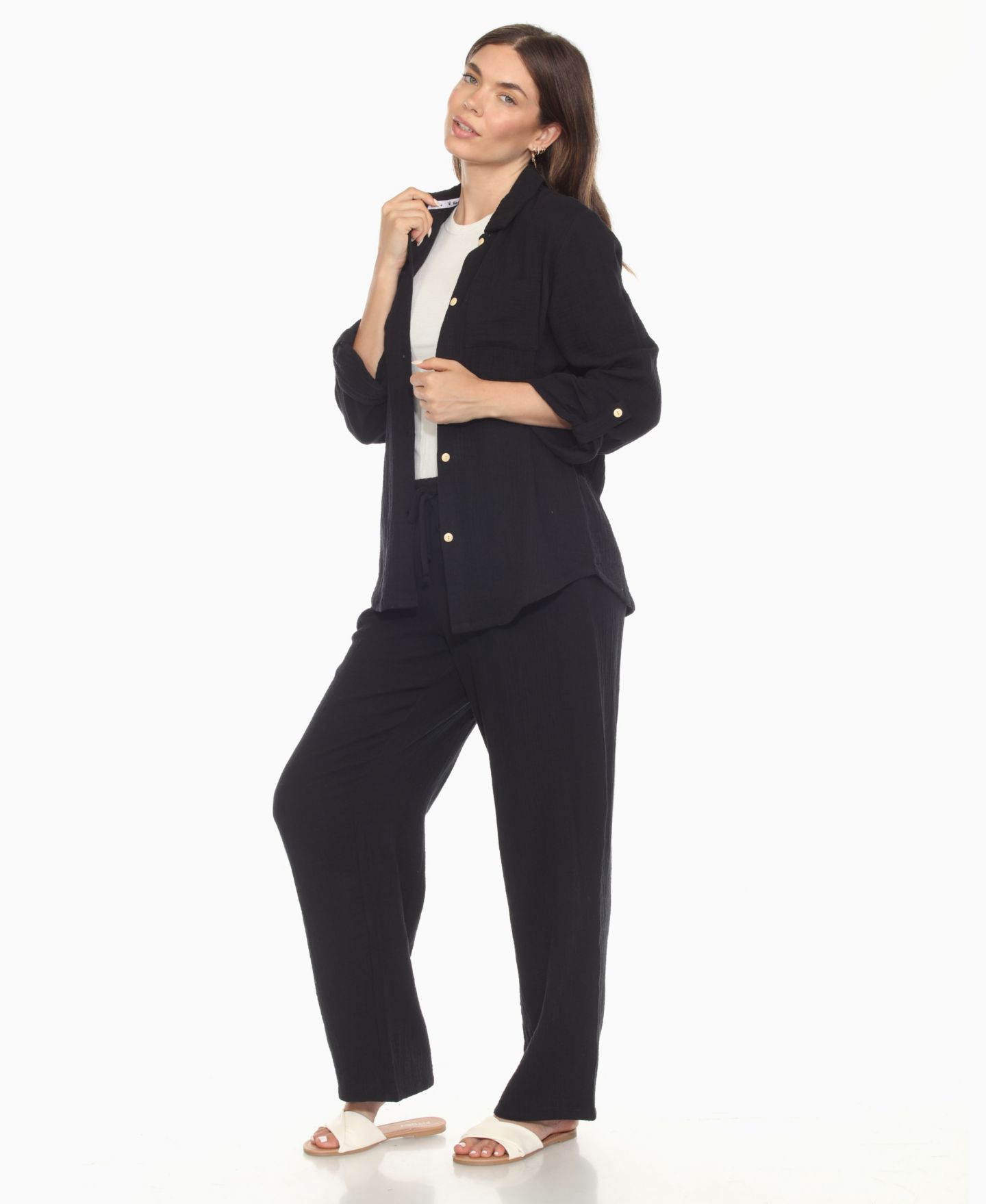 Женские комплекты White Mark Long Sleeve Button Down Cotton Gauze Set, цвет: Чёрный — фото 5