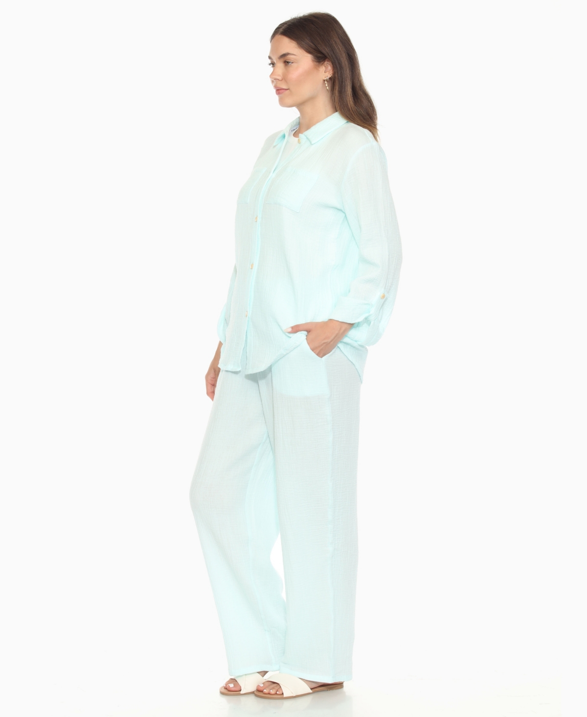 White Mark Women's Long Sleeve Button Down Cotton Gauze Set In Green