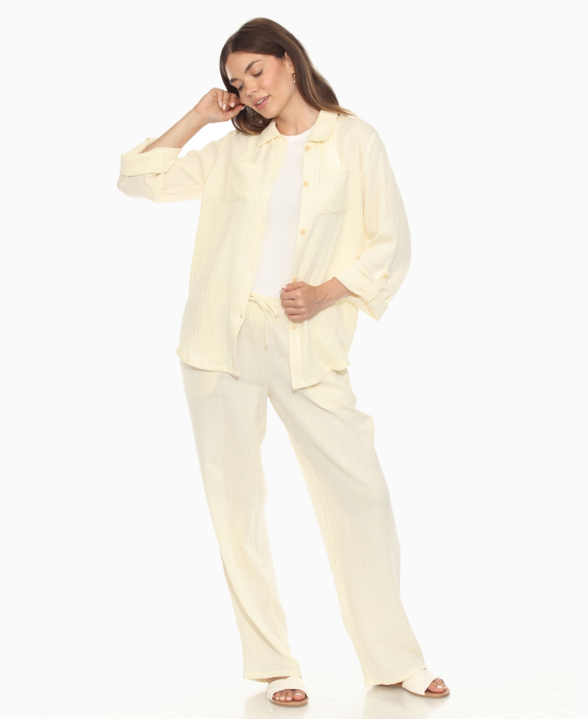 White Mark Women's Long Sleeve Button Down Cotton Gauze Set In Neutral