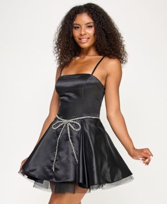 Juniors' Beaded-Bow-Trim Satin Fit & Flare Dress