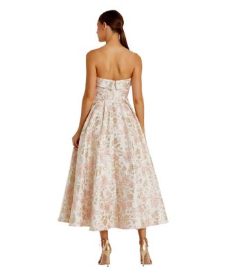 Women's Strapless Floral Brocade A Line Midi Dress
