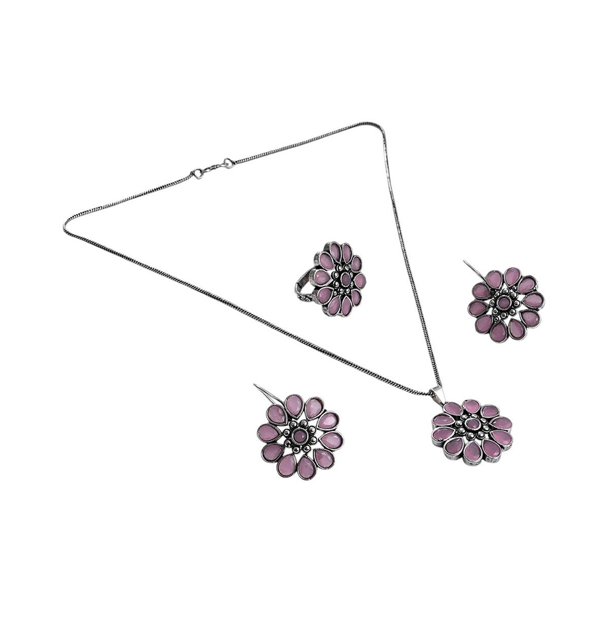 Oxidized-Floral Jewellery Set - Pink