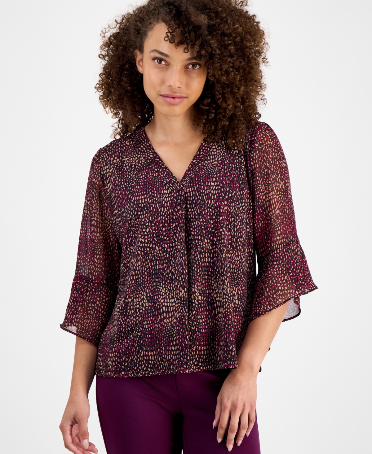 Ak Anne Klein Petite Printed 3/4-sleeve Blouse