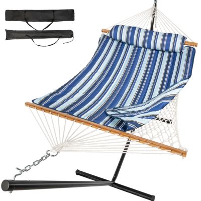 Double Hammock with Stand, 2 Person Cotton Rope Hammock with Removable Polyester Pad, 500LBS Capacity.
