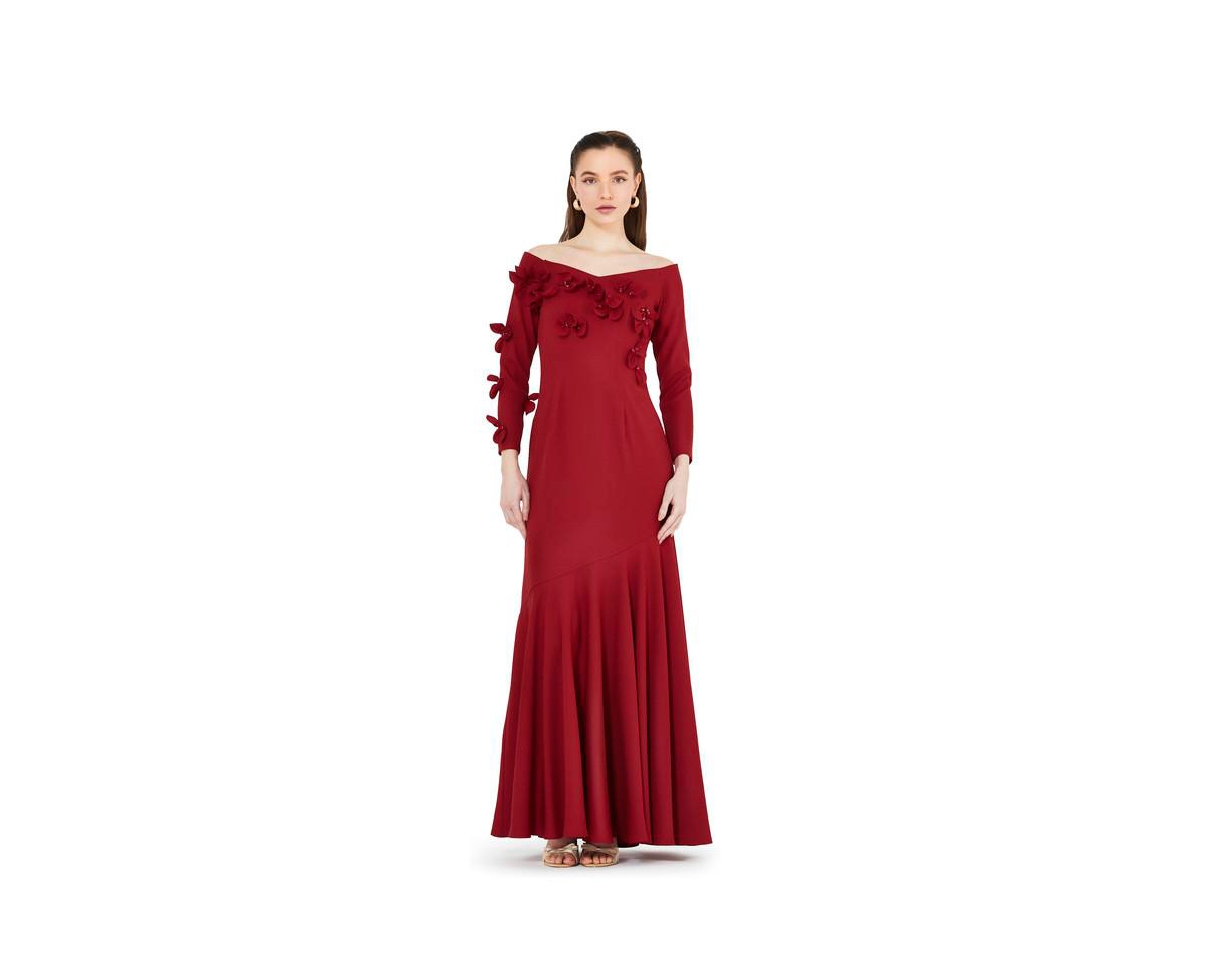 Women's Off-The-Shoulder Floral Embellished Flary Gown - Red