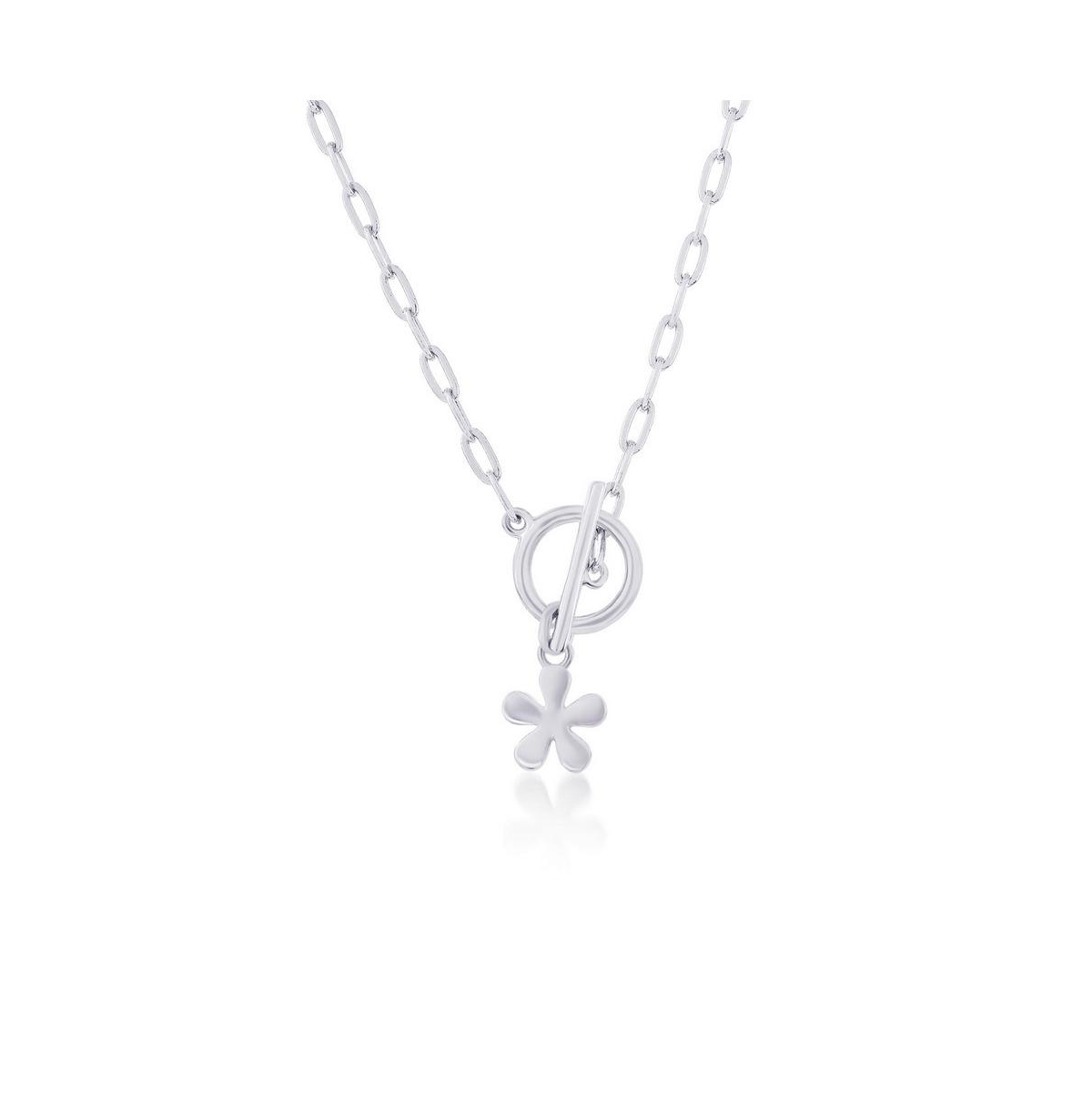 Sterling Silver Flower Charm Paperclip Toggle Necklace - Gold