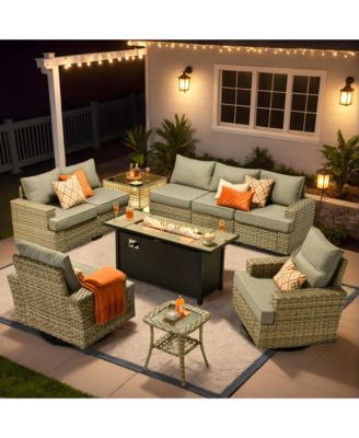10 Pieces Outdoor Patio Furniture Set,Rattan Sectional Sofa Couch,Outside Coversation Set with Swivel Chairs,54" Fire Pit and Solar Coffee Table