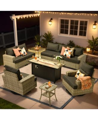 10 Pieces Outdoor Patio Furniture Set,Rattan Sectional Sofa Couch,Outside Coversation Set with Swivel Chairs,54" Fire Pit and Solar Coffee Table
