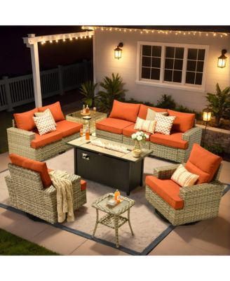 10 Pieces Outdoor Patio Furniture Set,Rattan Sectional Sofa Couch,Outside Coversation Set with Swivel Chairs,54" Fire Pit and Solar Coffee Table