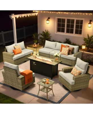 10 Pieces Outdoor Patio Furniture Set,Rattan Sectional Sofa Couch,Outside Coversation Set with Swivel Chairs,54" Fire Pit and Solar Coffee Table