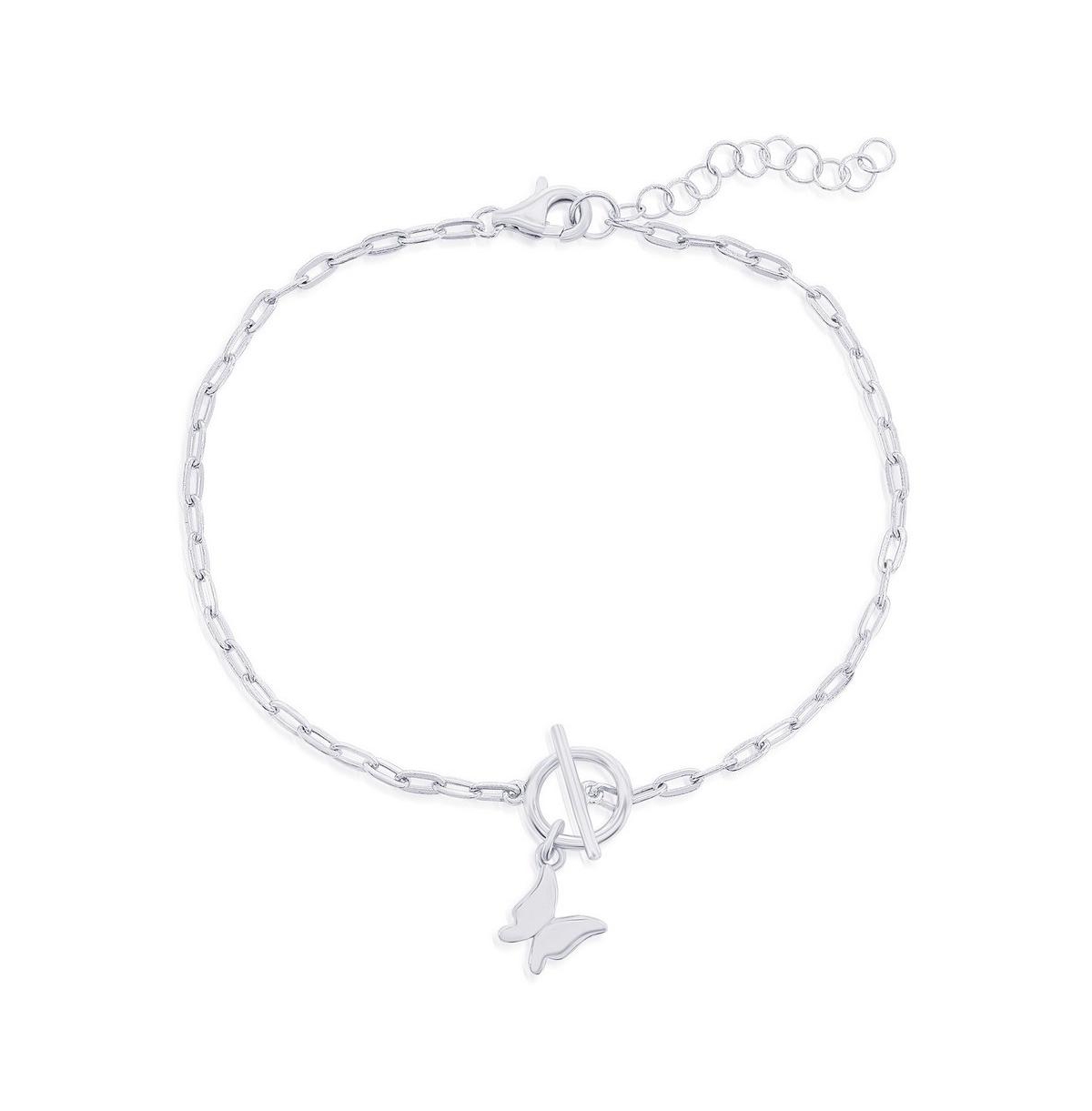Sterling Silver Butterfly Charm Paperclip Toggle Bracelet - Silver