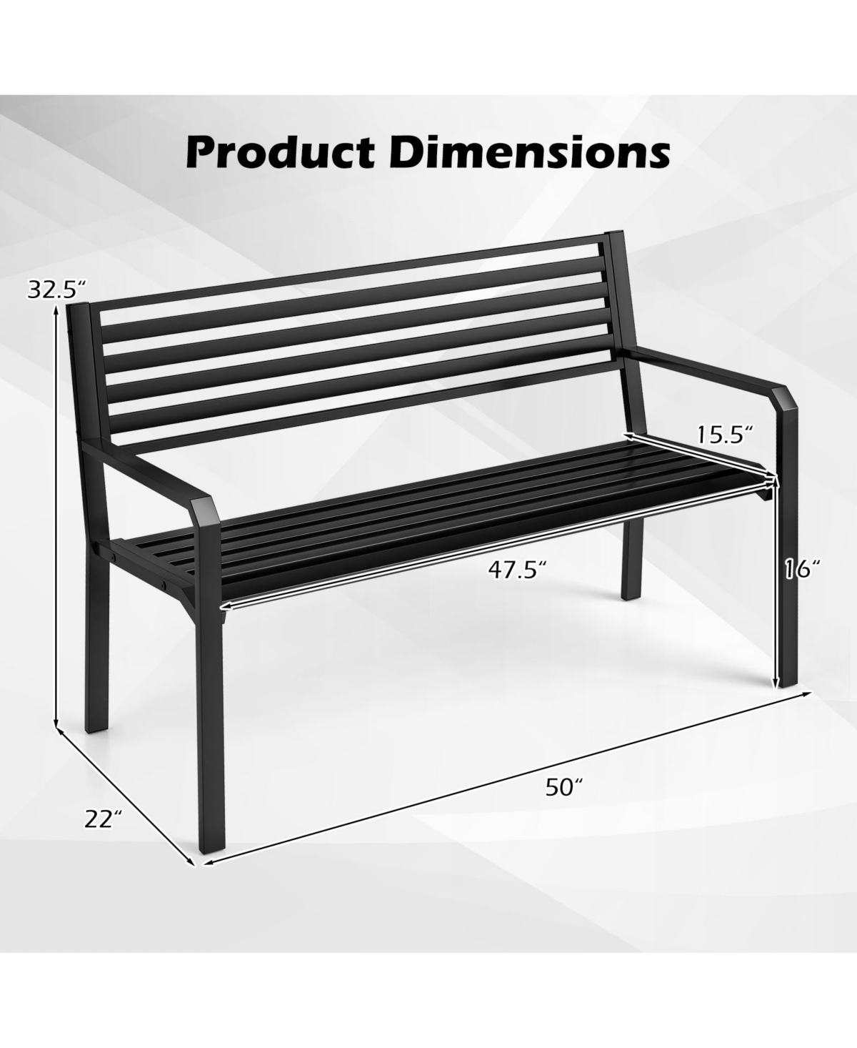 Gymax 50'' Outdoor Metal Park Bench for 2-3 People w/ Armrests & Backrest for Backyard