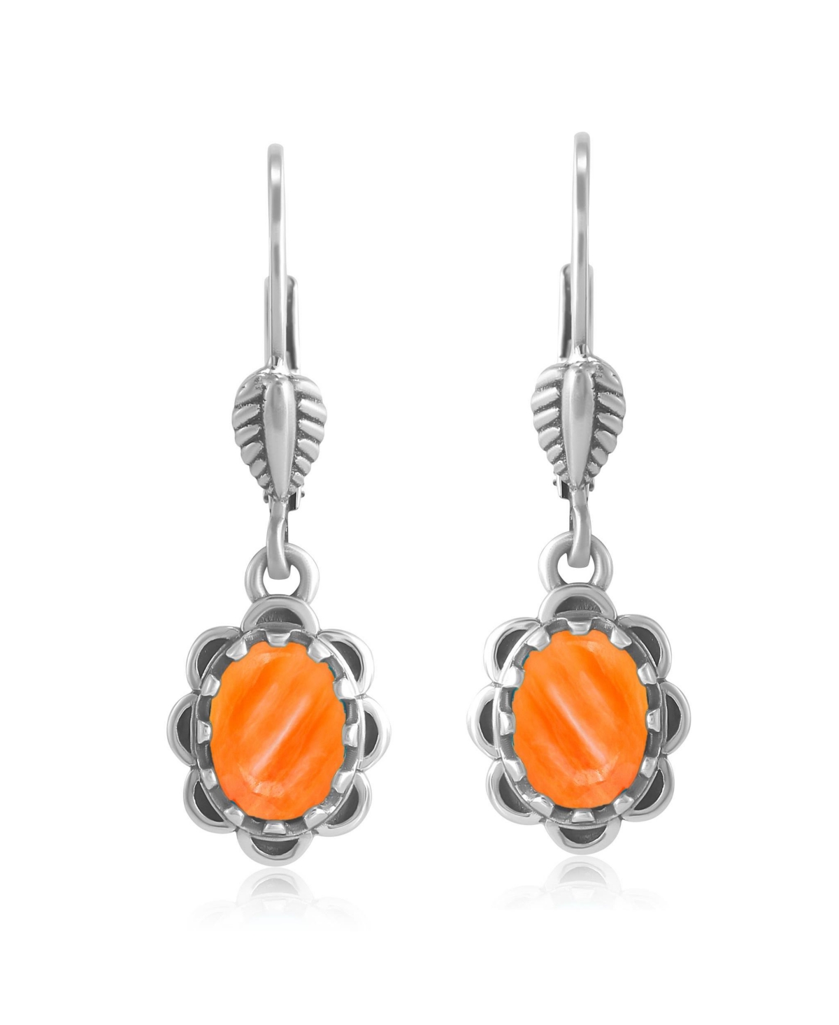 Sterling Silver Orange Spiny Oyster Concha Lever Back Dangle Earrings