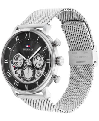 Men's Multifunction Silver Tone Stainless Steel Mesh Bracelet Watch, 44mm
