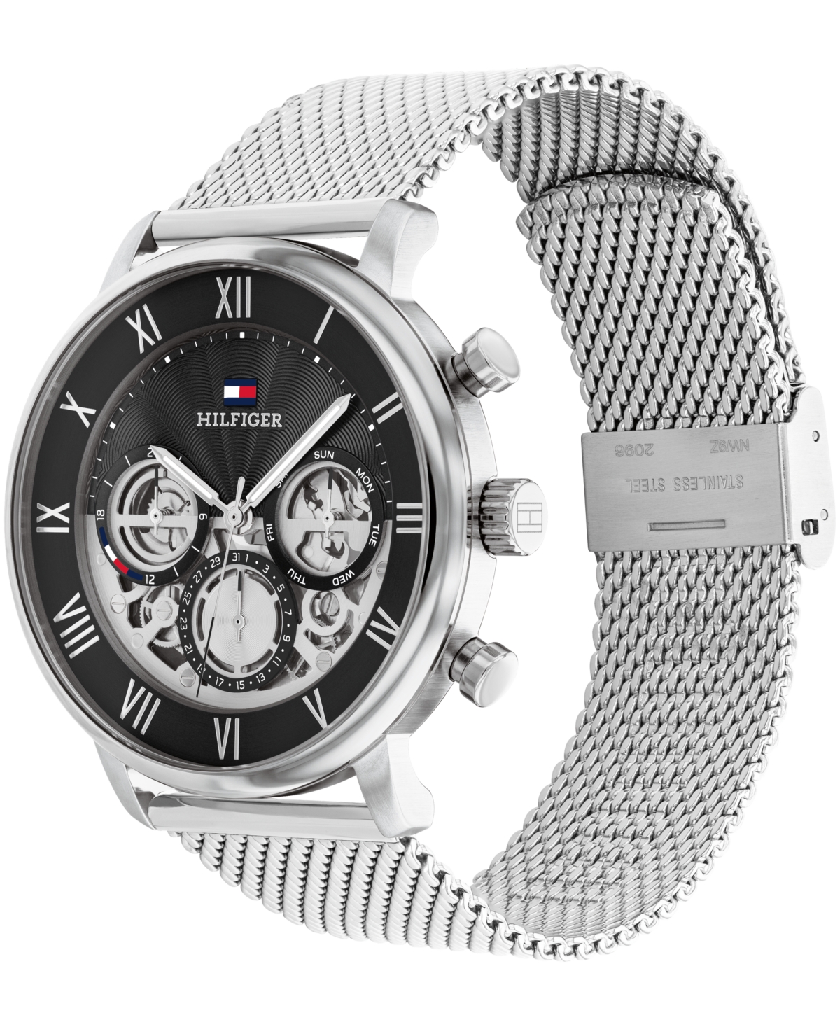 Tommy Hilfiger Men's Multifunction Silver Tone Stainless Steel Mesh Bracelet Watch, 44mm In Metallic